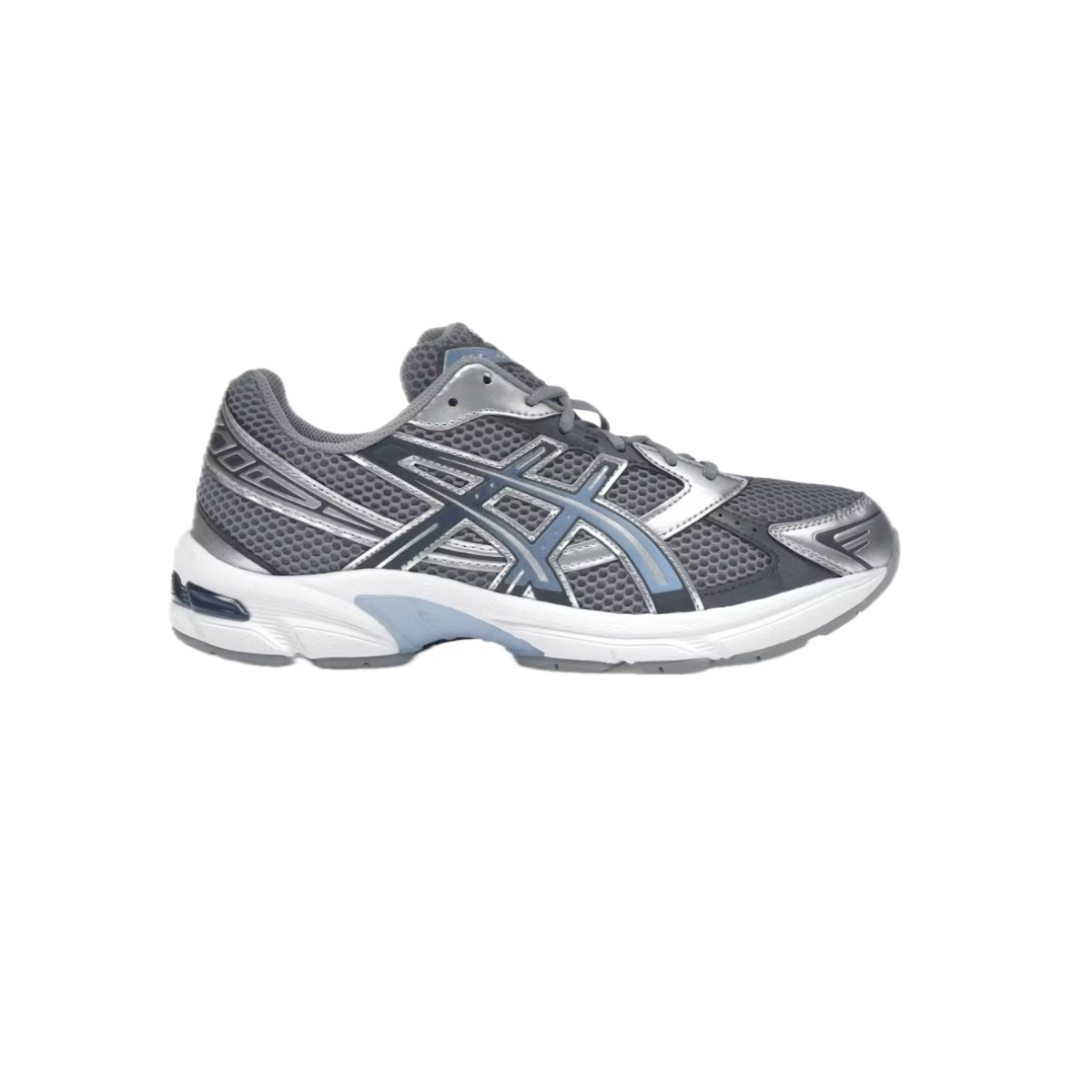 ASICS Gel-1130 ‘Gravel Pure Silver’ sneaker in grey and metallic silver, side profile on white background.
