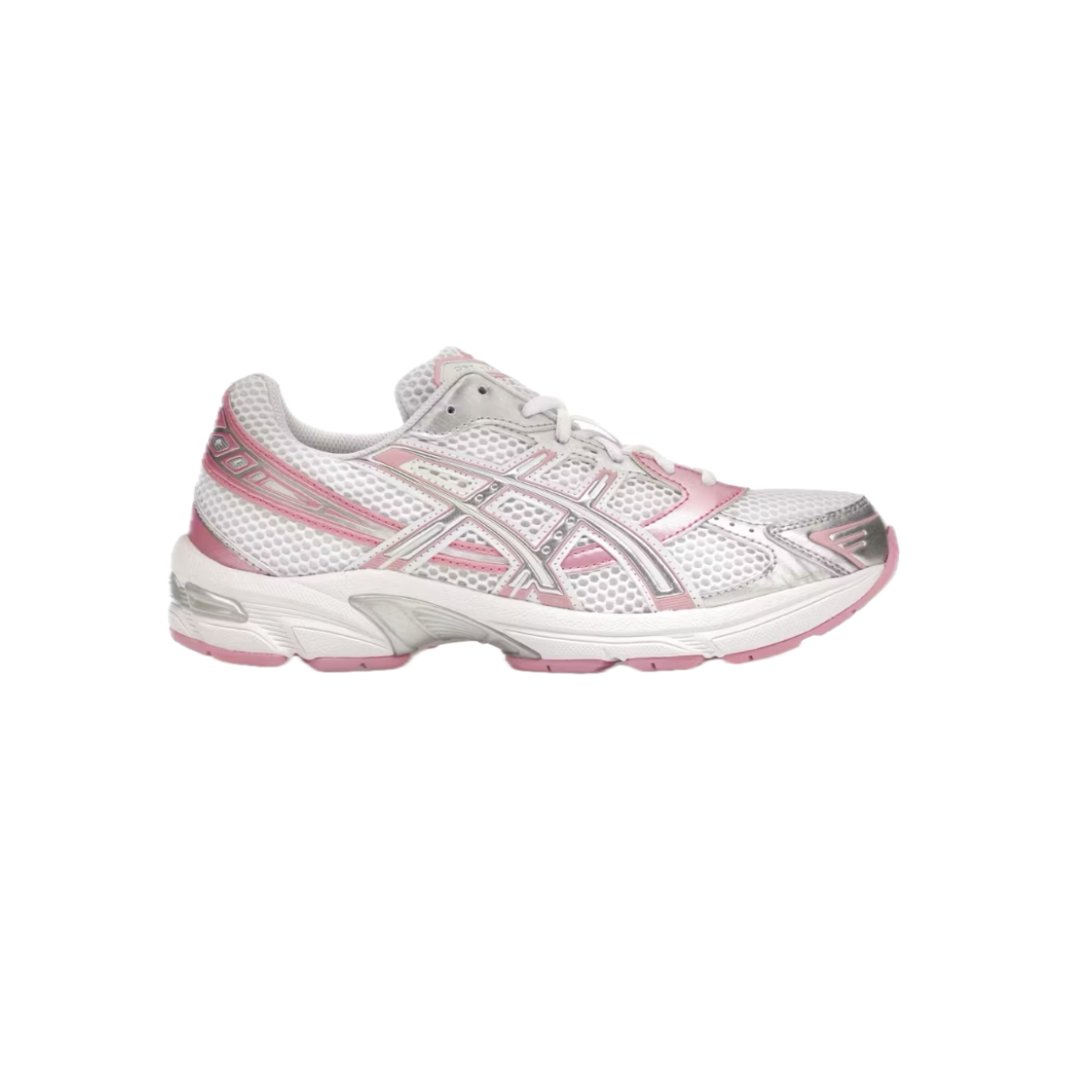 ASICS Gel-1130 ‘White Pure Silver Pink’ women’s trainer, white mesh with silver and pastel pink accents, side profile on white background.