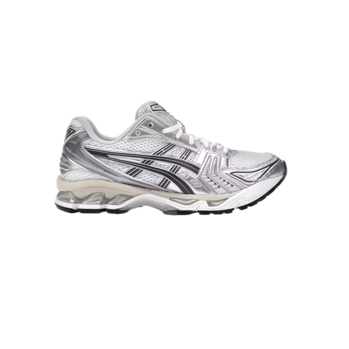 ASICS Gel-Kayano 14 White Graphite Grey sneakers – mesh upper with grey overlays, ASICS side stripes, visible Gel cushioning, brand new with box.
