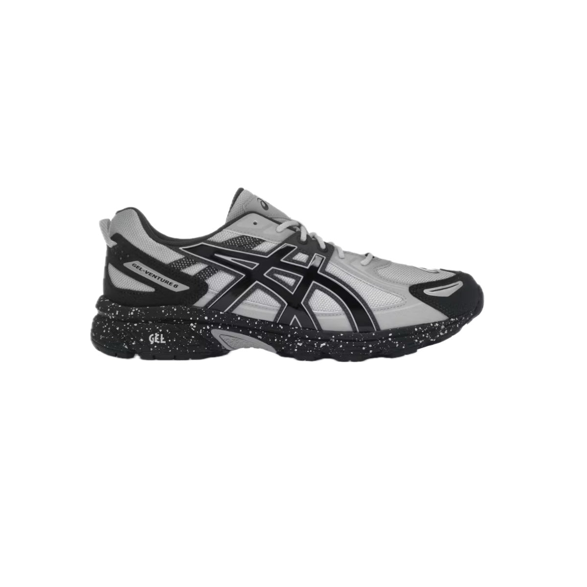 Side view of ASICS Gel-Venture 6 sneaker in Glacier Grey and Black with a rugged sole, mesh and synthetic upper, and signature ASICS logo detailing.