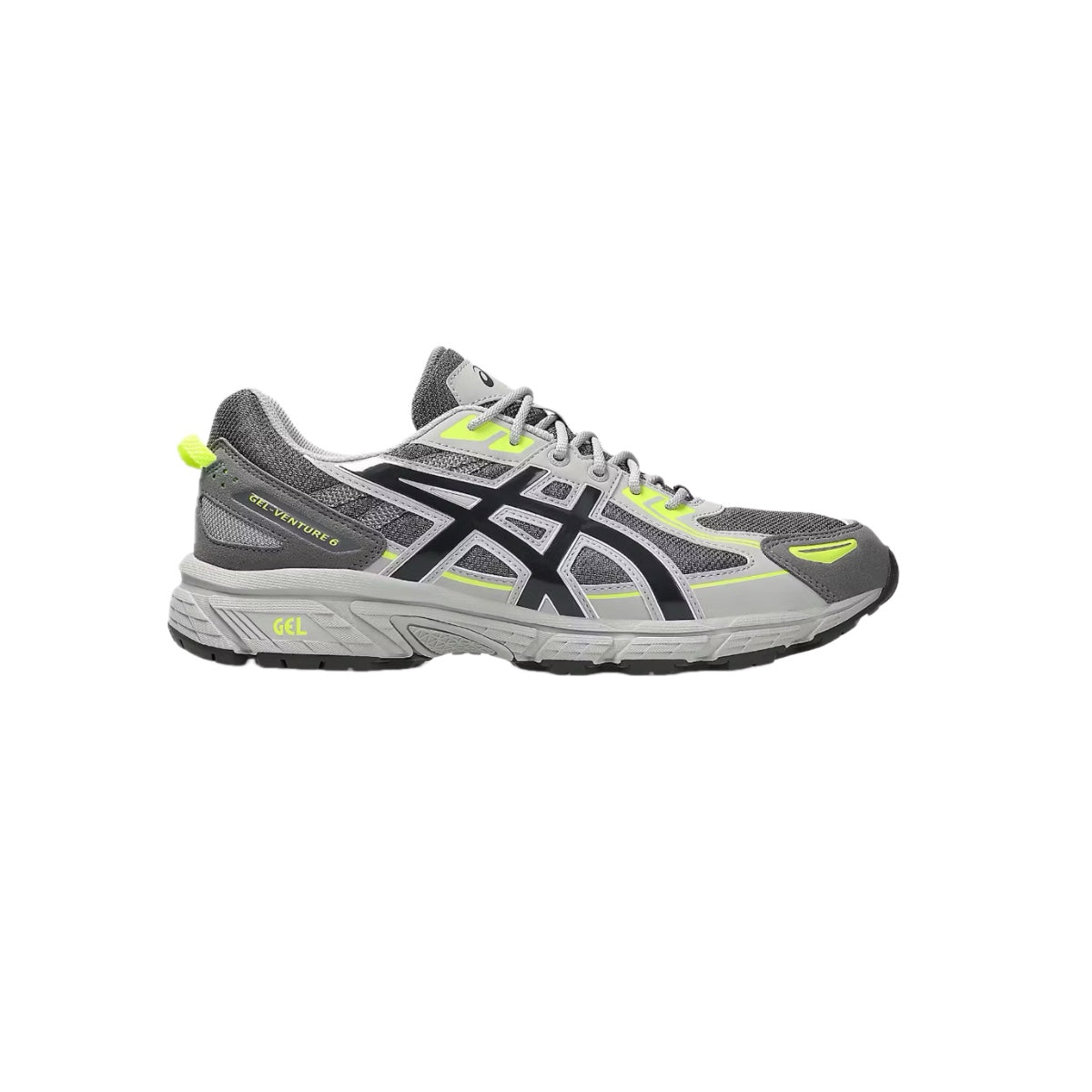 Side view of ASICS Gel-Venture 6 sneakers in Carbon and Obsidian Grey with neon yellow accents, featuring a rugged sole and mesh upper.