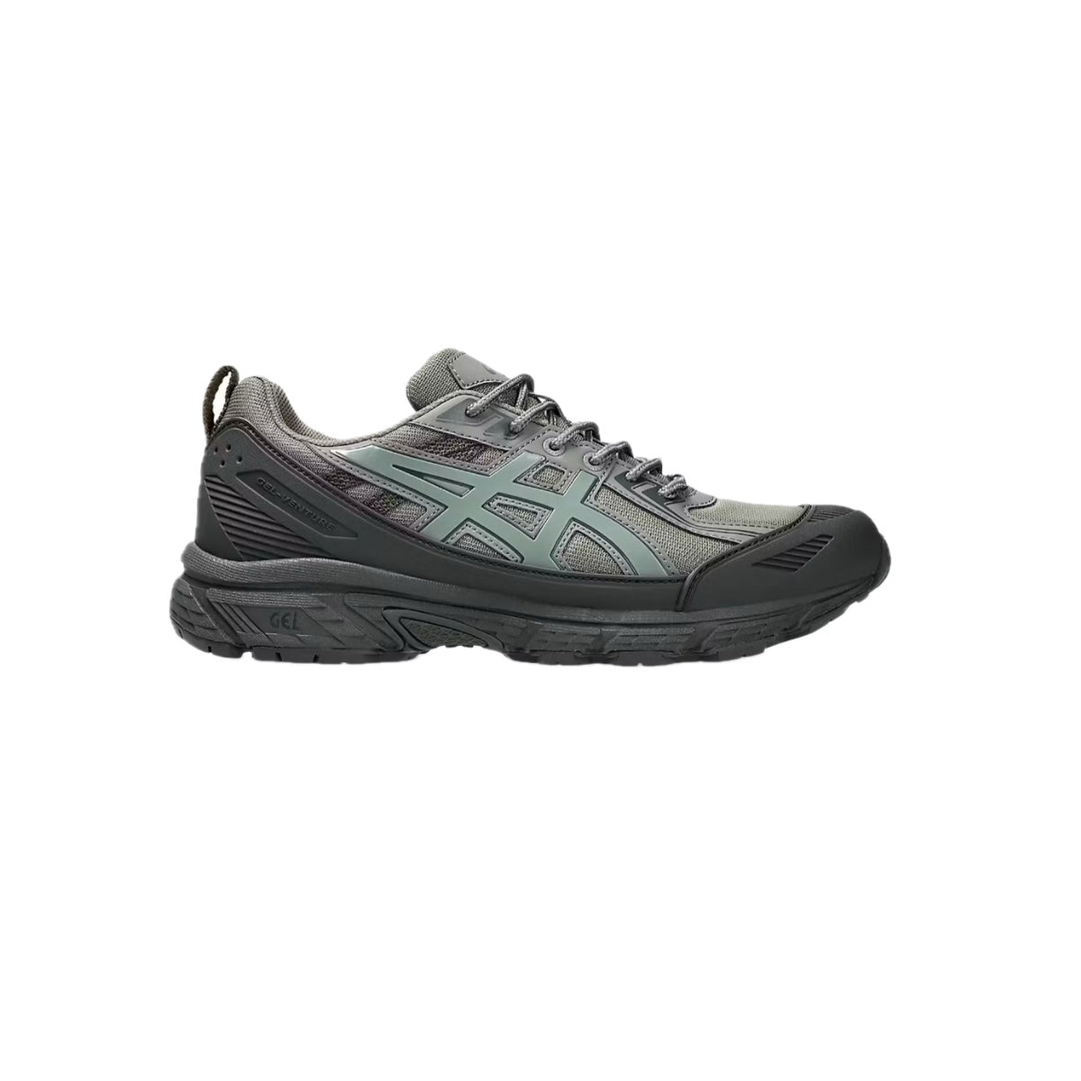 Side view of ASICS Gel-Venture 6 Shield sneaker in Graphite Grey and Truffle Grey, featuring a weather-resistant upper and durable outsole.