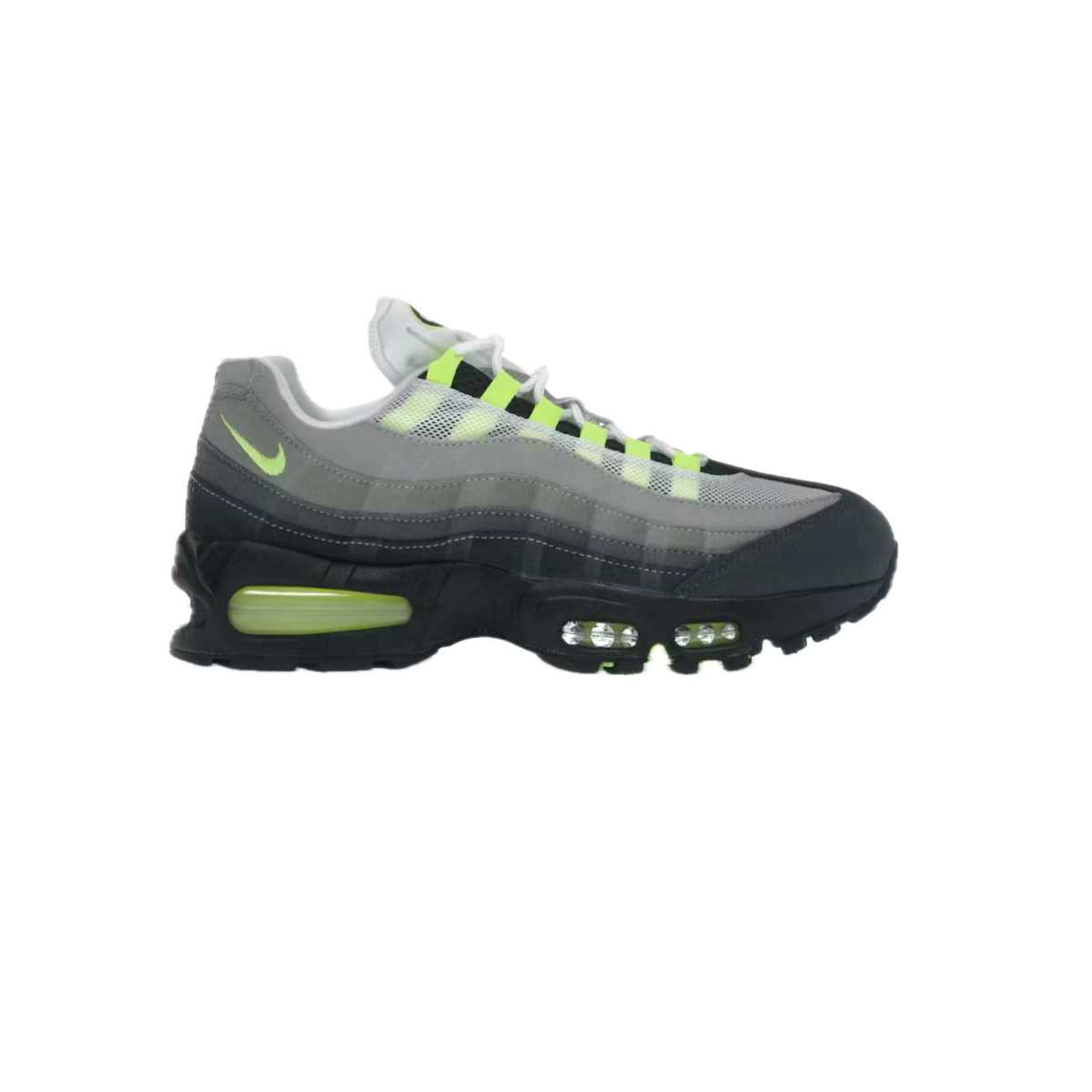 Nike Air Max 95 OG Big Bubble ‘Neon’ 2025 with volt neon details, side profile on white background.