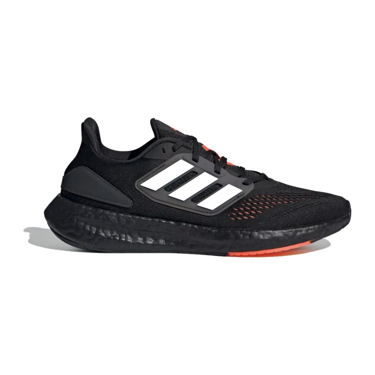 Adidas PureBoost 22 Core Black Cloud White Carbon running trainers, side profile on white background – HQ1455