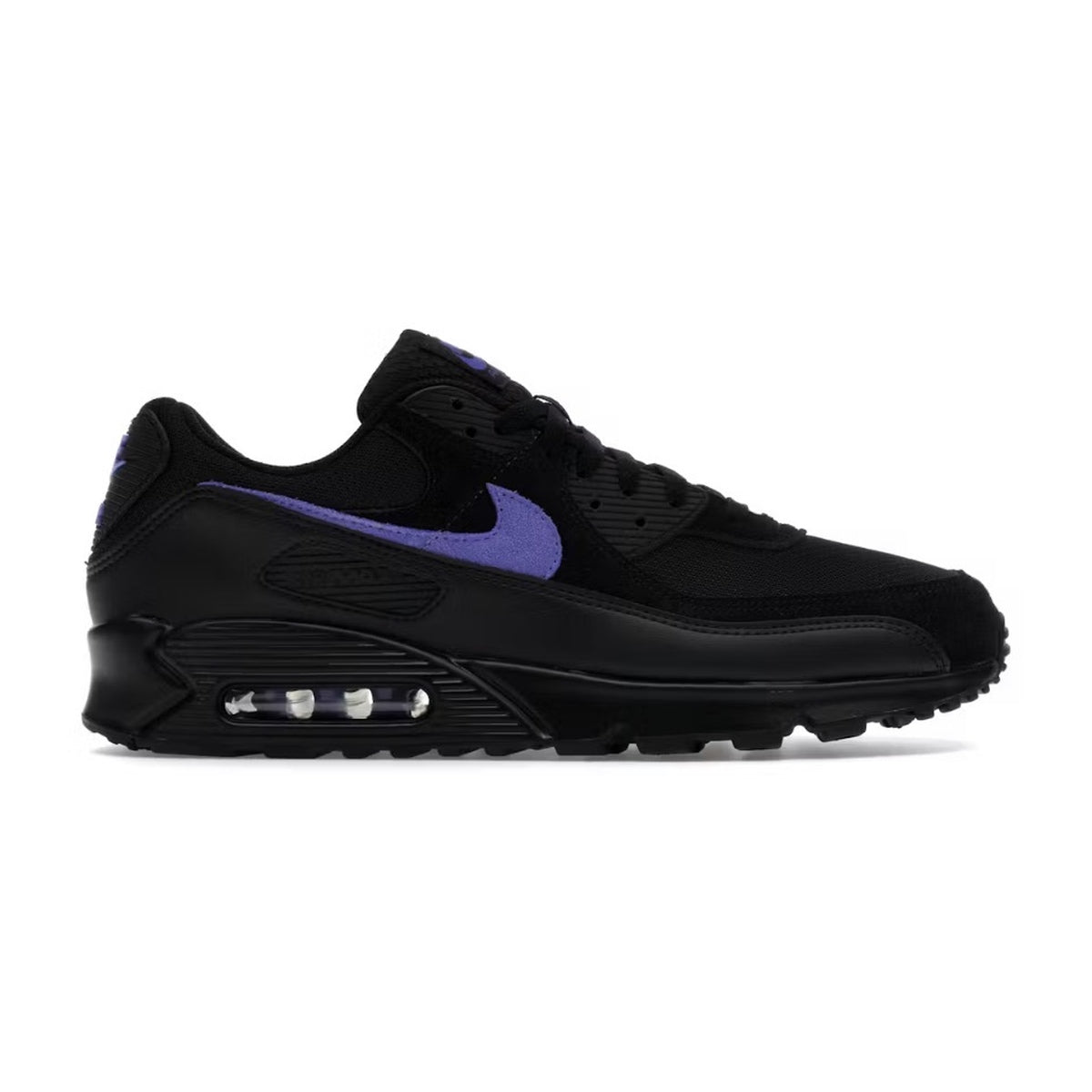 Nike Air Max 90 Black Sapphire DM0029-021 trainers featuring a black upper, Sapphire Blue Swoosh and visible Air cushioning – side profile on white background