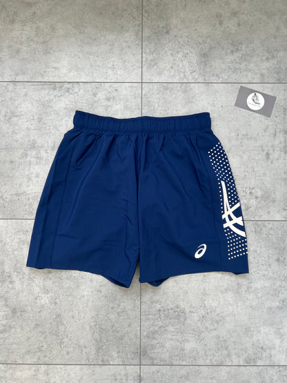 ASICS ‘Midnight Navy’ Icon Shorts featuring white logo branding and dotted graphic detail on the side panel.
