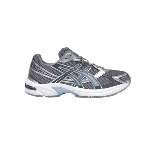 ASICS Gel-1130 ‘Gravel Pure Silver’ sneaker in grey and metallic silver, side profile on white background.