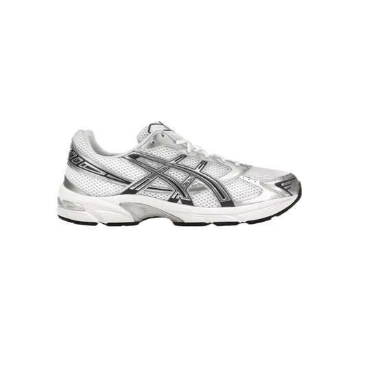 ASICS Gel-1130 ‘White Pure Silver’ trainer in white mesh with silver overlays, side profile on white background.
