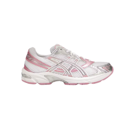 ASICS Gel-1130 ‘White Pure Silver Pink’ women’s trainer, white mesh with silver and pastel pink accents, side profile on white background.