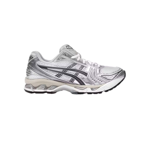 ASICS Gel-Kayano 14 White Graphite Grey sneakers – mesh upper with grey overlays, ASICS side stripes, visible Gel cushioning, brand new with box.