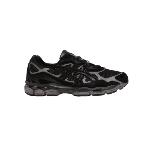 ASICS Gel-NYC ‘Graphite Grey Black’ sneakers — side view showing mesh and synthetic design in dark tones.