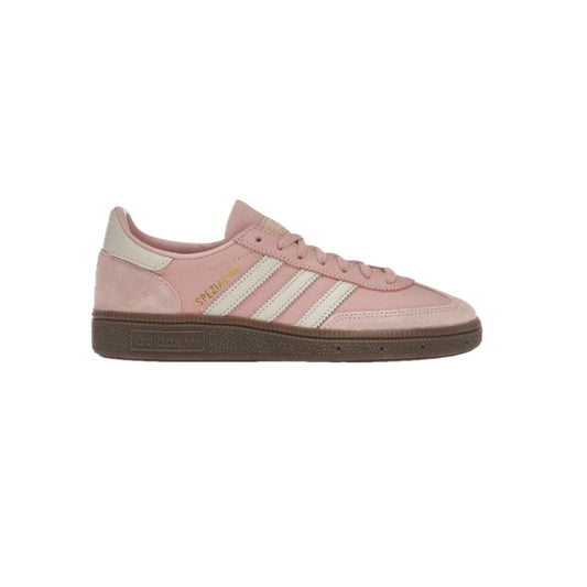 Side view of Adidas Handball Spezial trainers in Wonder Mauve with Alumina white stripes and a classic gum sole, displayed on a white background.