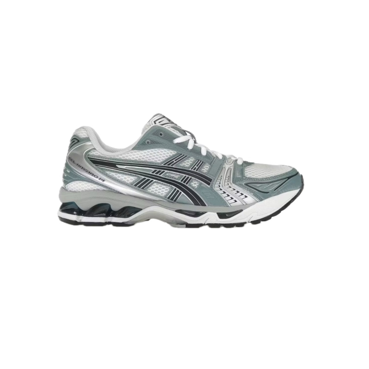 Side profile of Asics Gel-Kayano 14 sneaker in White and Fjord Grey with mesh upper, metallic overlays, and GEL cushioning, on a white background.