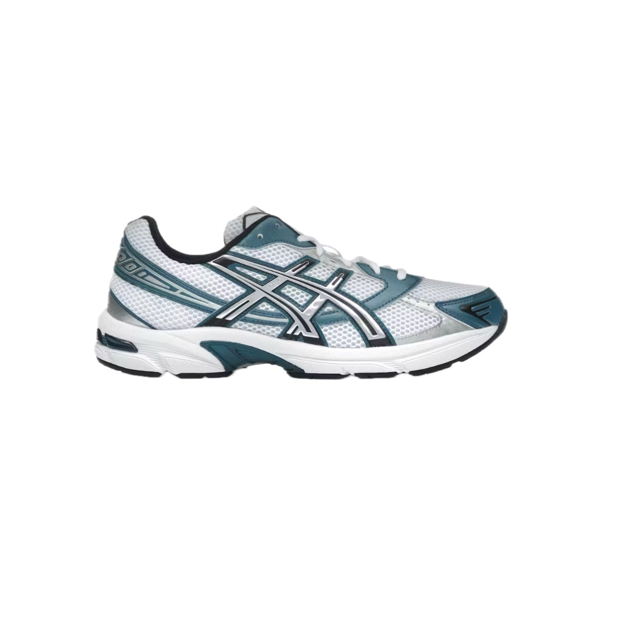 Side view of Asics Gel 1130 sneaker in White and Restful Teal with retro mesh upper and teal detailing, displayed on a white background.