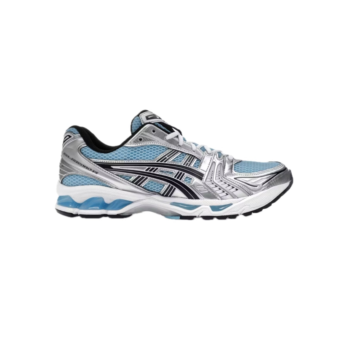 Side view of Asics Gel-Kayano 14 sneaker in Arctic Sky and Pure Silver with mesh upper, metallic overlays, and GEL cushioning, displayed on a white background.