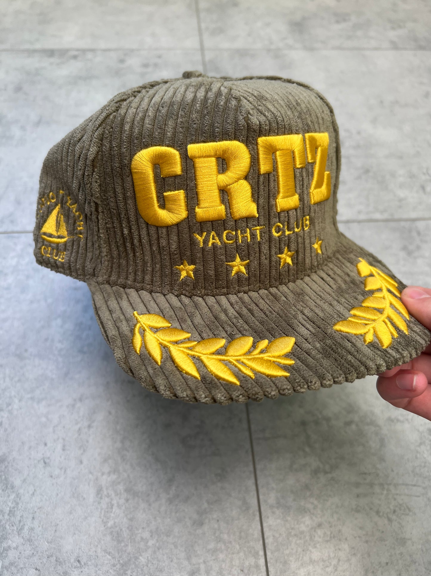 Corteiz Soho Yacht Club Corduroy ‘Khaki/Yellow’ SnapBack Hat
