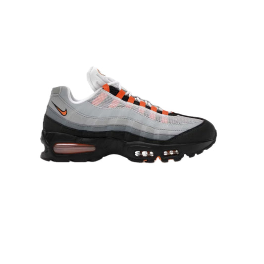 Side view of Nike Air Max 95 OG Big Bubble Bright Mandarin 2025 – grey mesh and suede upper with black midsole and orange accents, featuring visible Air cushioning. Available now at Sneaker Dyl.
