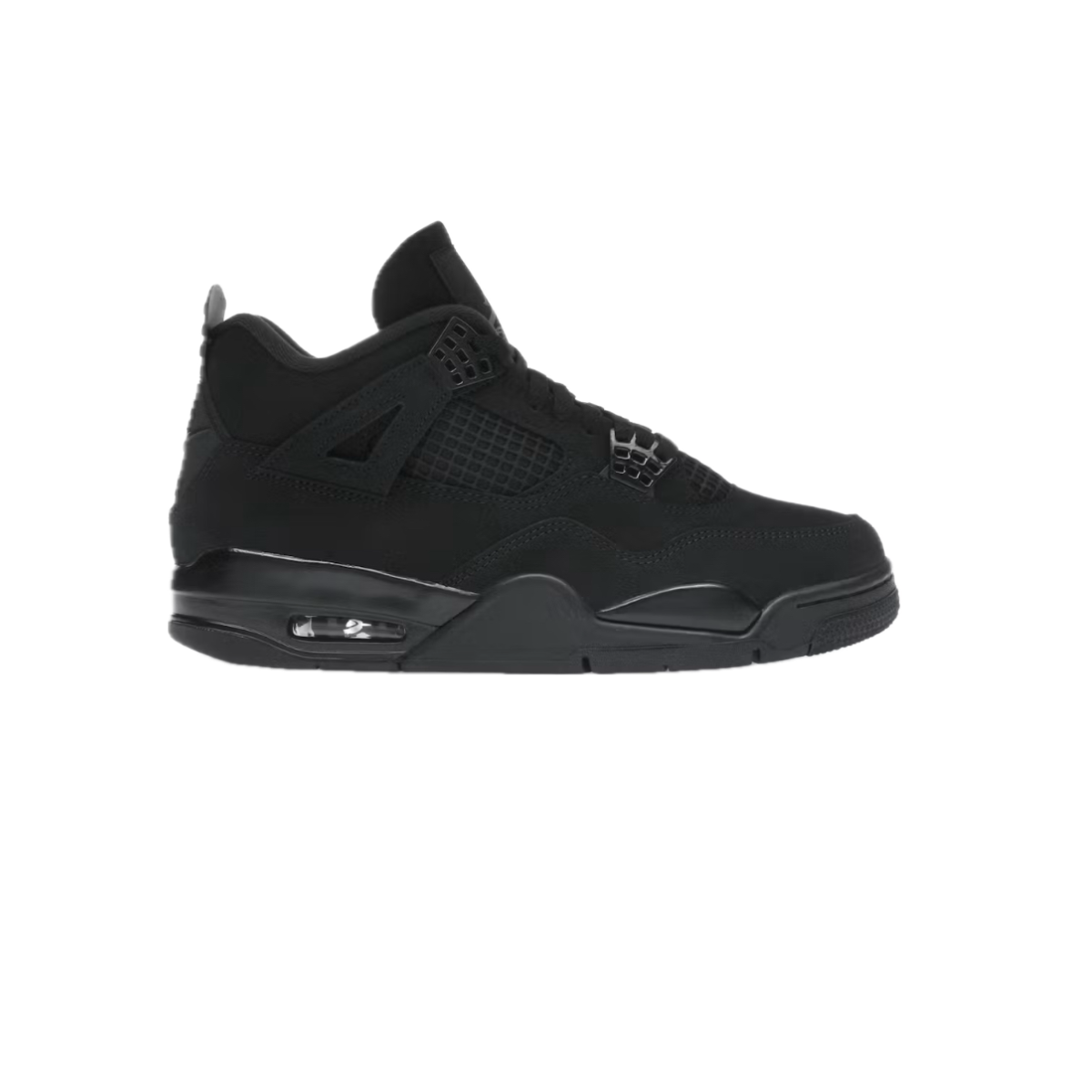 Nike Air Jordan 4 Retro ‘Black Cat’ (2025) sneaker in triple black colourway, side profile on white background.