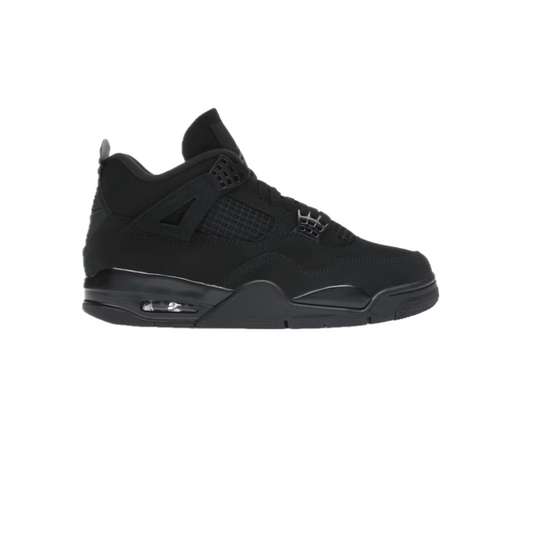 Nike Air Jordan 4 Retro ‘Black Cat’ (2025) sneaker in triple black colourway, side profile on white background.