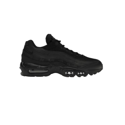 Nike Air Max 95 Essential ‘Triple Black’ sneaker – all-black mesh and leather upper with visible Air cushioning, side profile product shot.