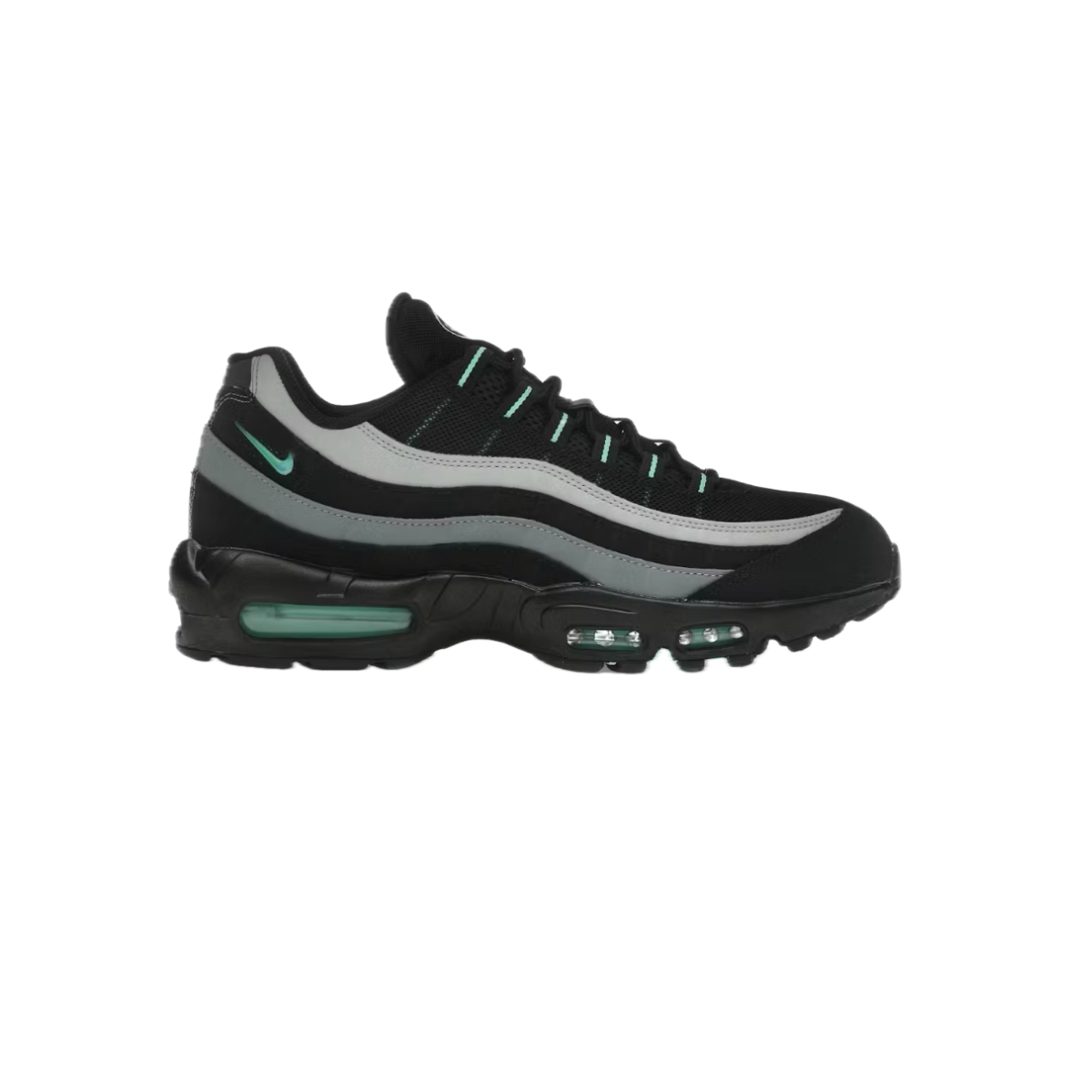 Nike Air Max 95 ‘Jade Jewel’ sneaker in black and jade green, side profile on white background.