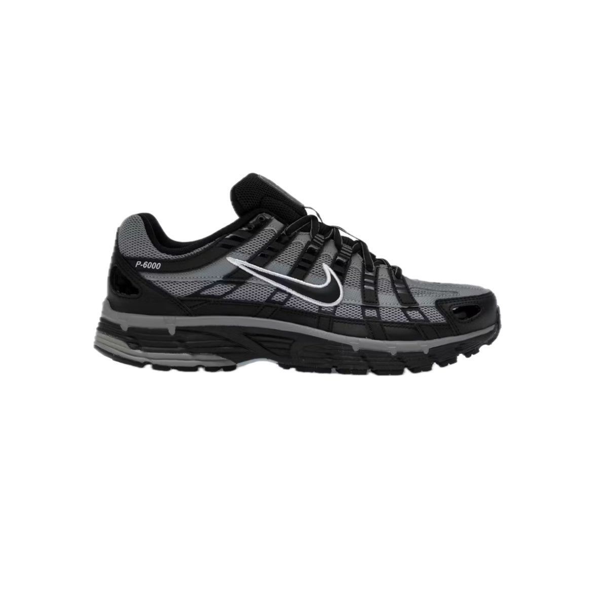 Nike P-6000 Black Cool Grey Celestine Blue – retro-inspired running sneaker with layered mesh and leather upper, black and grey tones with blue accents.