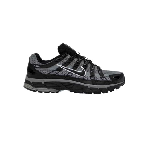 Nike P-6000 Black Cool Grey Celestine Blue – retro-inspired running sneaker with layered mesh and leather upper, black and grey tones with blue accents.