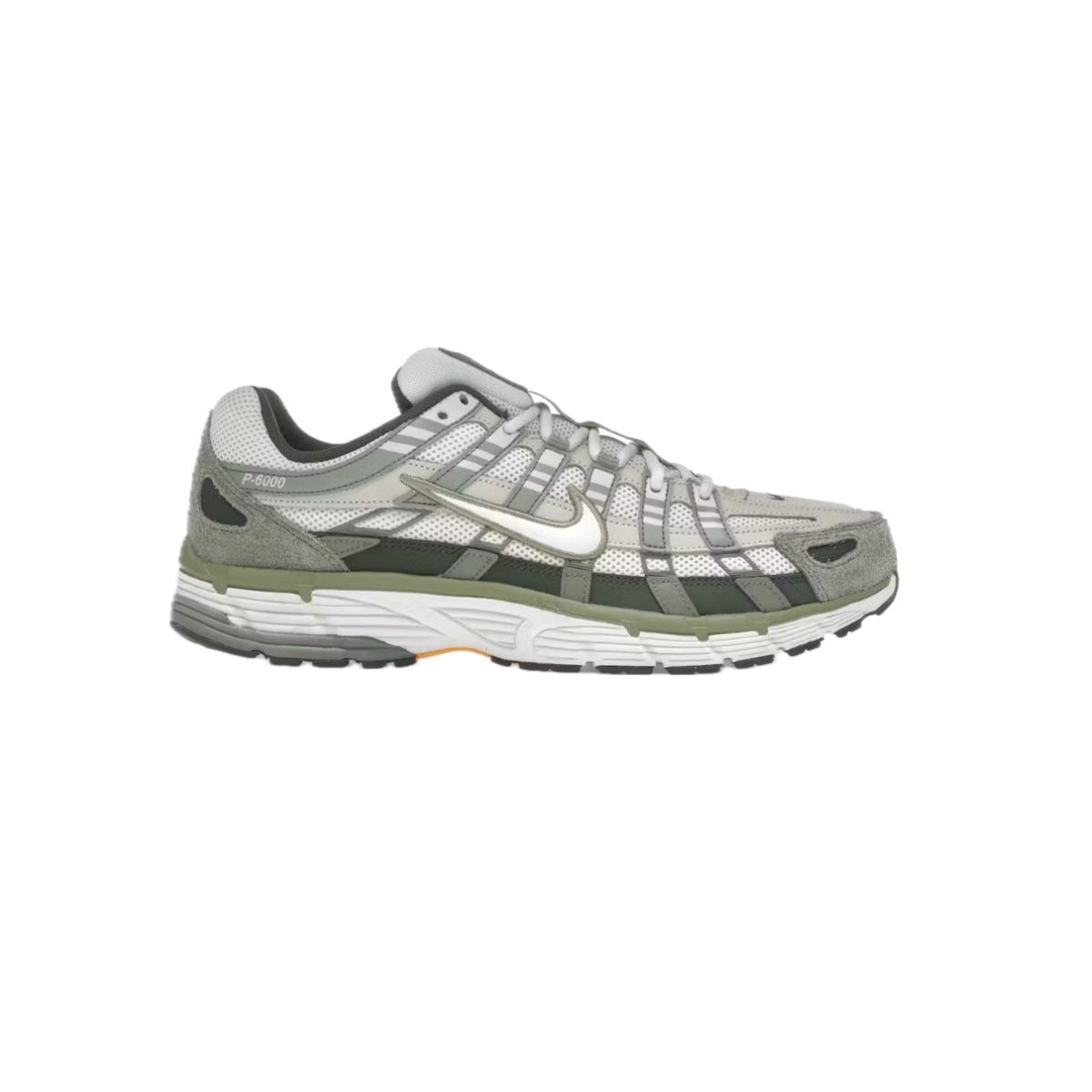 Side view of Nike P-6000 ‘Light Army Cargo Khaki’ – olive green and khaki mesh sneaker with layered synthetic overlays and retro running design. Available now at Sneaker Dyl.
