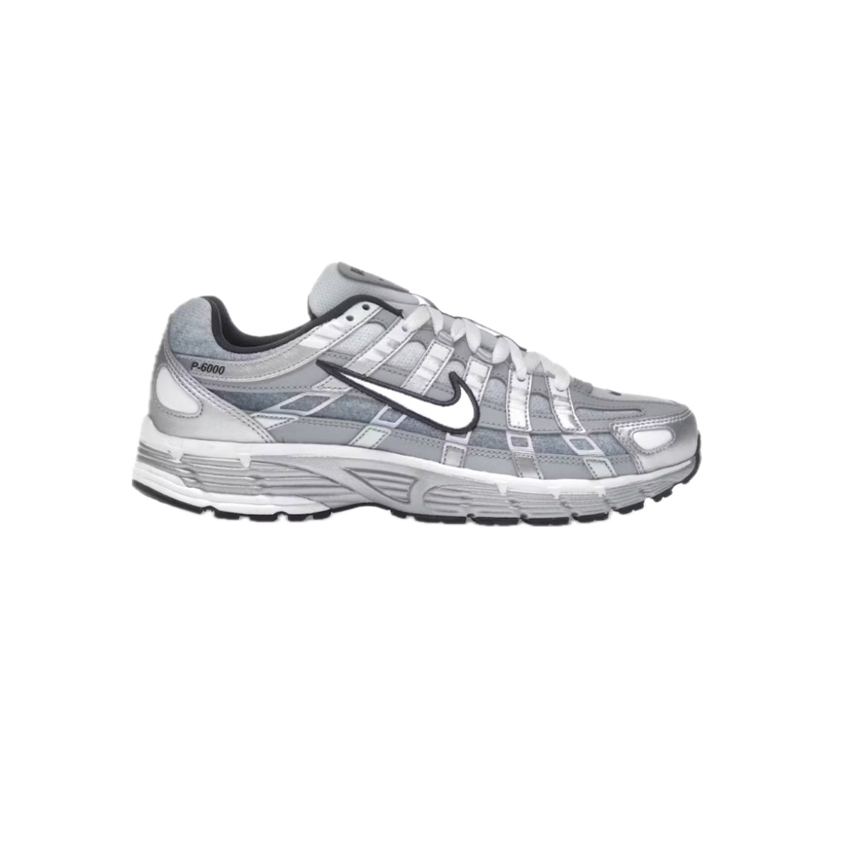 Nike P-6000 Metallic Silver Summit White-Wolf Grey running sneakers – side view showing mesh and synthetic overlays with silver, white, and grey detailing, placed on a clean background.
