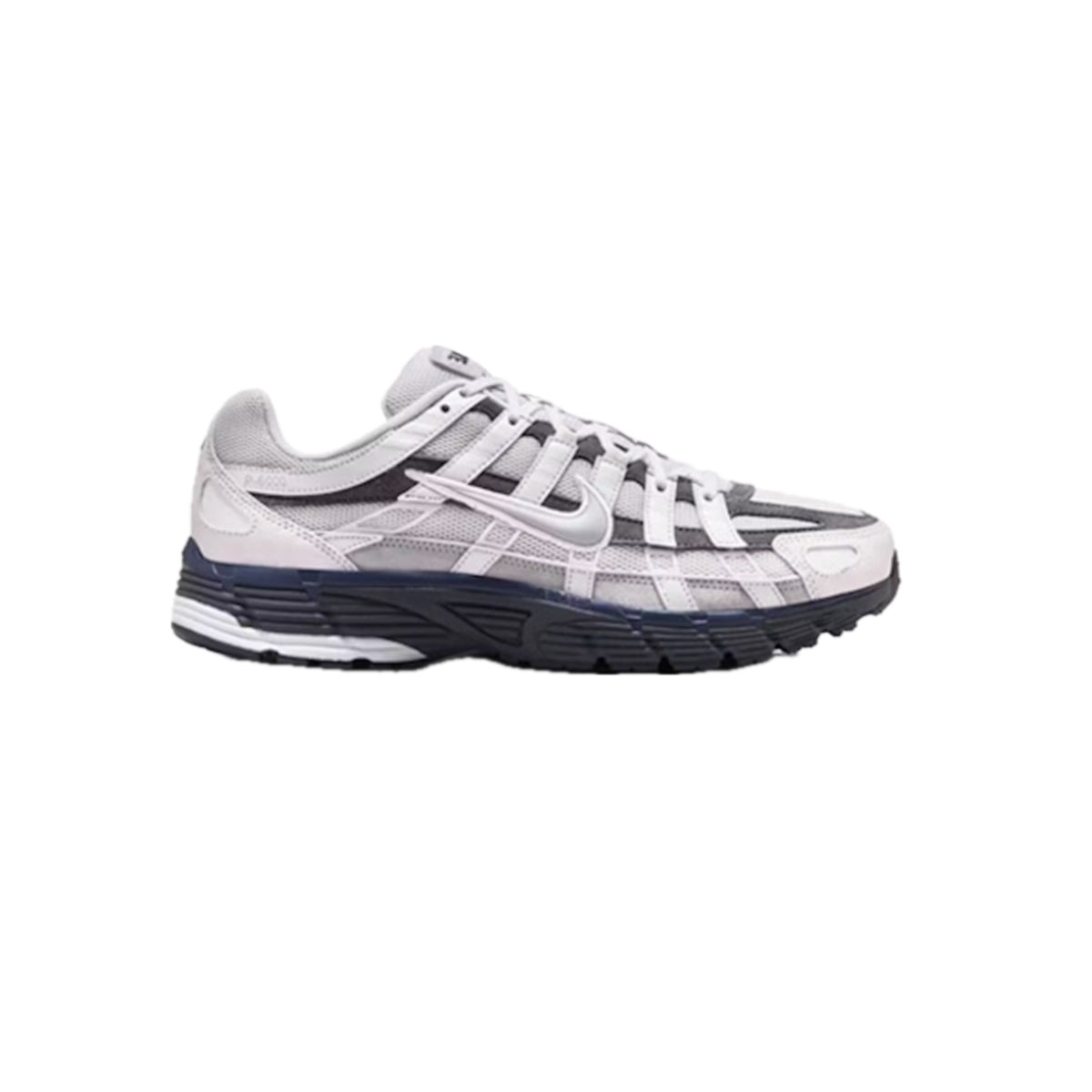 Side view of Nike P-6000 ‘Photon Dust Anthracite’ – light grey and dark anthracite grey mesh sneaker with synthetic overlays and retro running design. Available at Sneaker Dyl.
