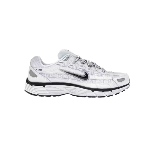 Nike P-6000 White Metallic Silver Black – retro-inspired running sneaker with mesh and leather upper, cushioned midsole, and durable outsole.