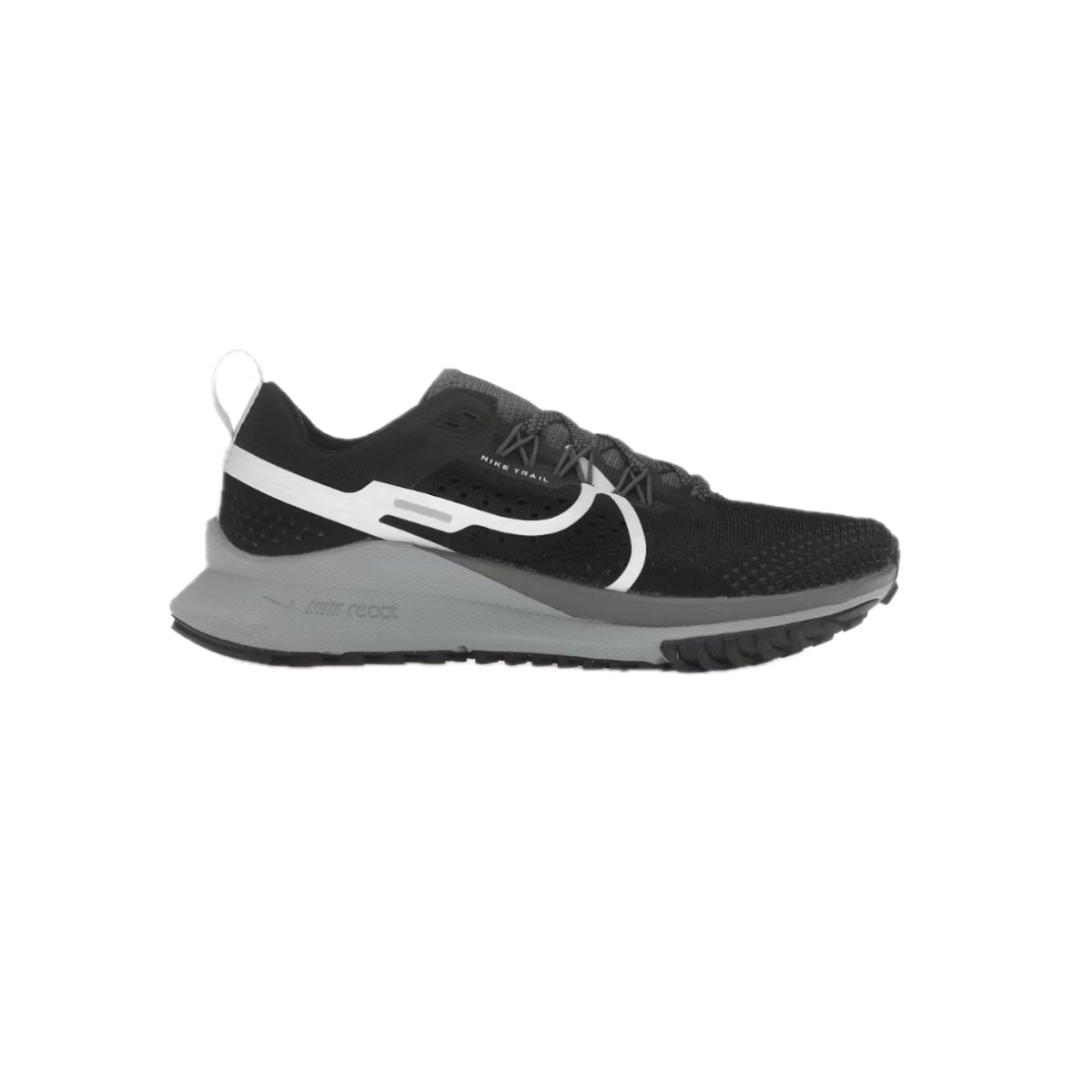 Side view of Nike React Pegasus Trail 4 ‘Black/Wolf Grey’ women’s running shoe – black mesh upper with white Swoosh, grey heel clip, and cushioned React foam sole. Available at Sneaker Dyl.