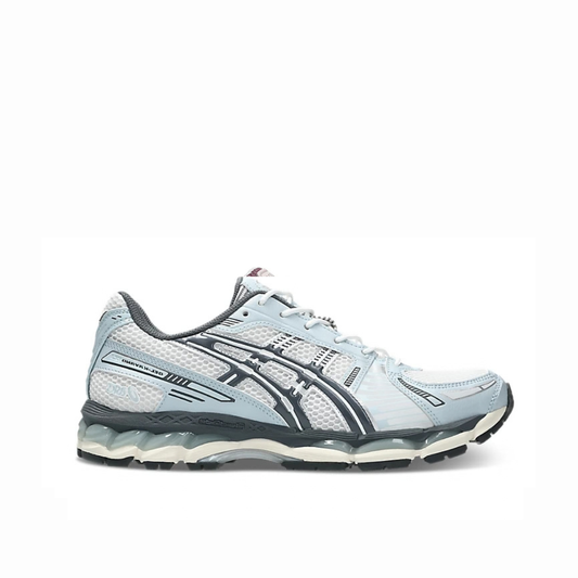 ASICS GEL-KAYANO 12.1 White Carrier Grey trainers, side profile on white background – 1203A759-103