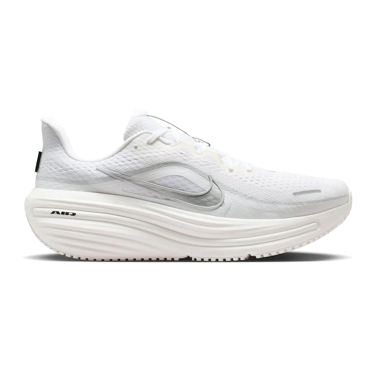 Nike Air Winflo 12 White Metallic Silver running trainers, side profile on white background – HV9272-103