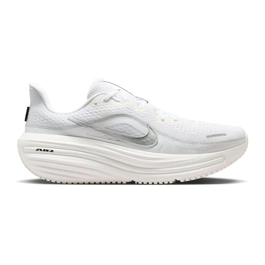 Nike Air Winflo 12 White Metallic Silver running trainers, side profile on white background – HV9272-103