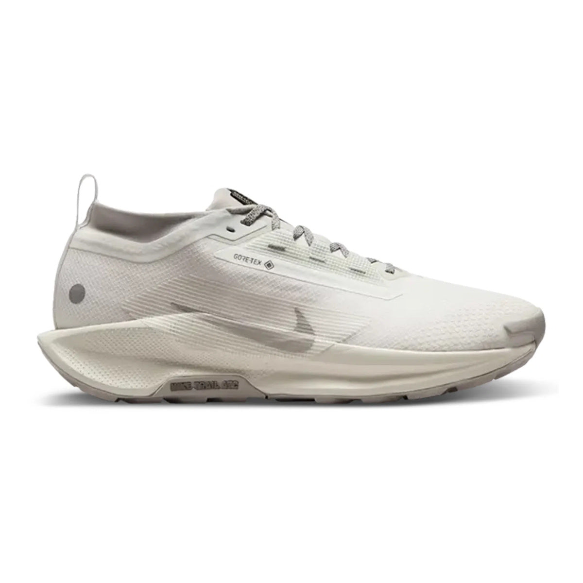 Nike ReactX Pegasus Trail 5 GTX SP Summit White College Grey trainers, side profile on white background – HQ7494-100