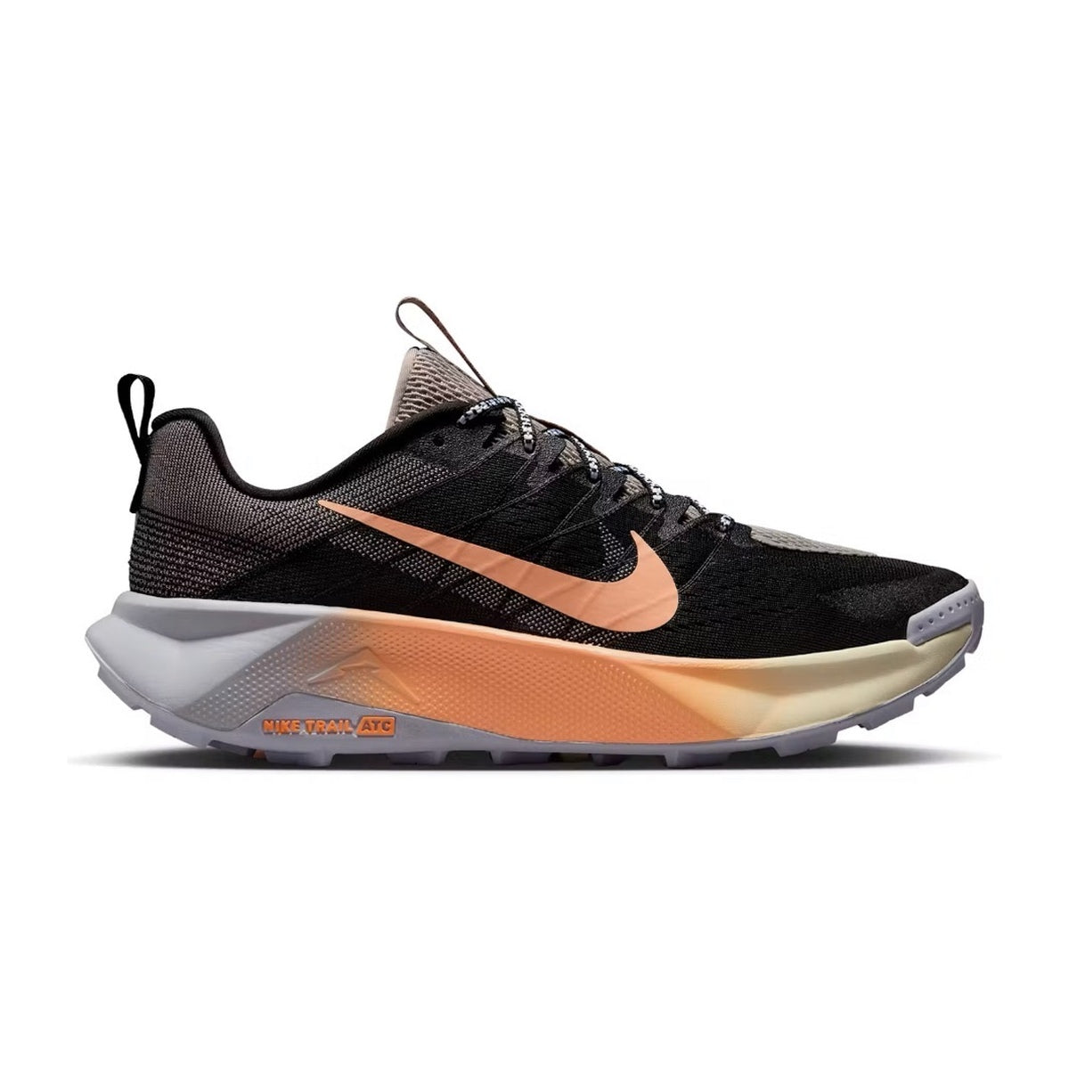Nike ReactX Wildhorse 10 Black Orange Pulse FV2338-006 trail running trainers with black upper, orange midsole and Nike Swoosh – side profile on white background